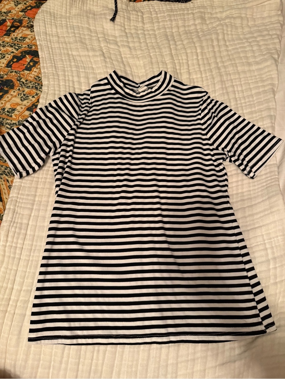Striped Black & White Ribbed Mock Neck Top